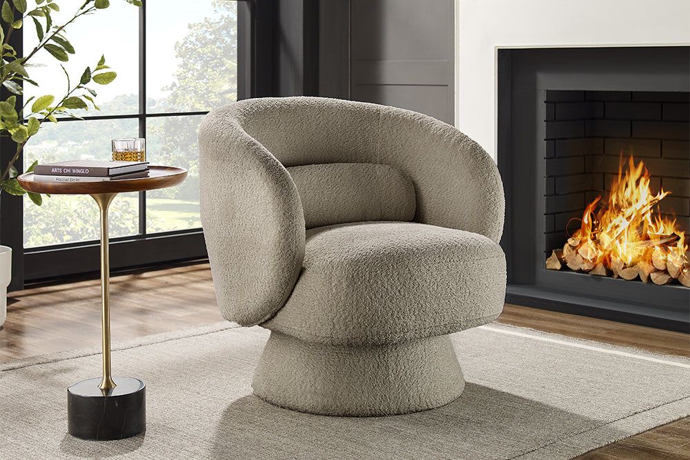 Design draaifauteuil BOSSA NOVA in warme taupe bouclé – stijlvolle en comfortabele zitervaring