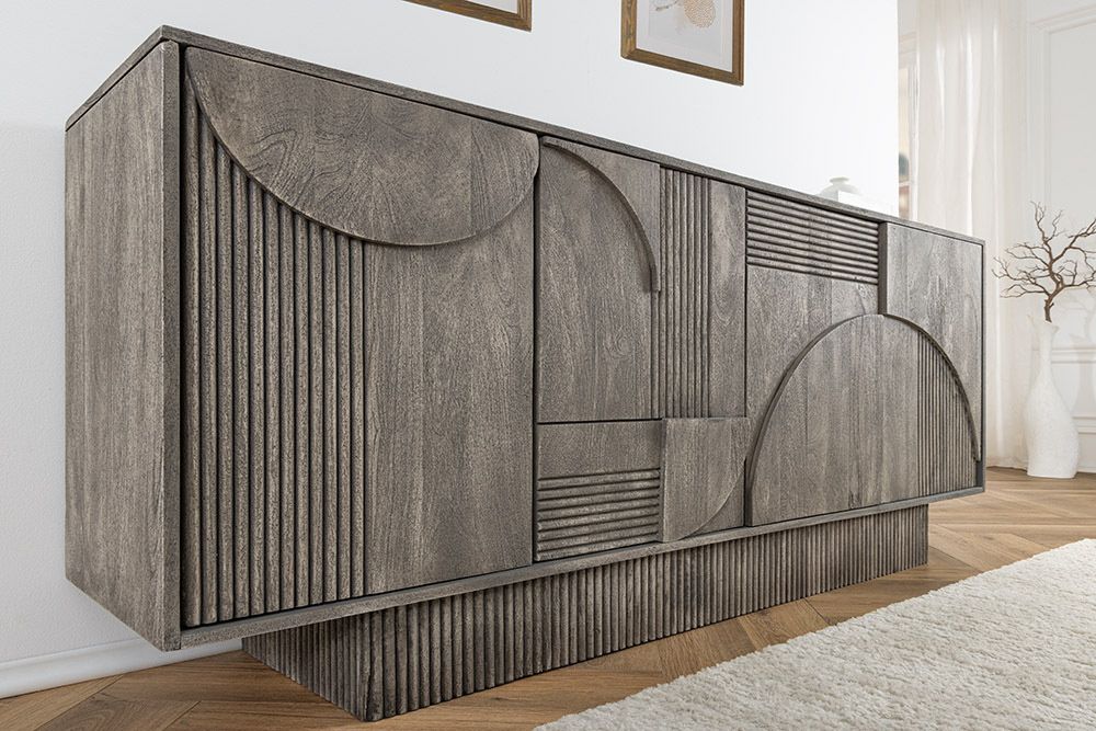 Design Dressoir Art Deco 170 cm – Grijs Gerookt Mangohout, Massief 3D‑front – Invicta Interior