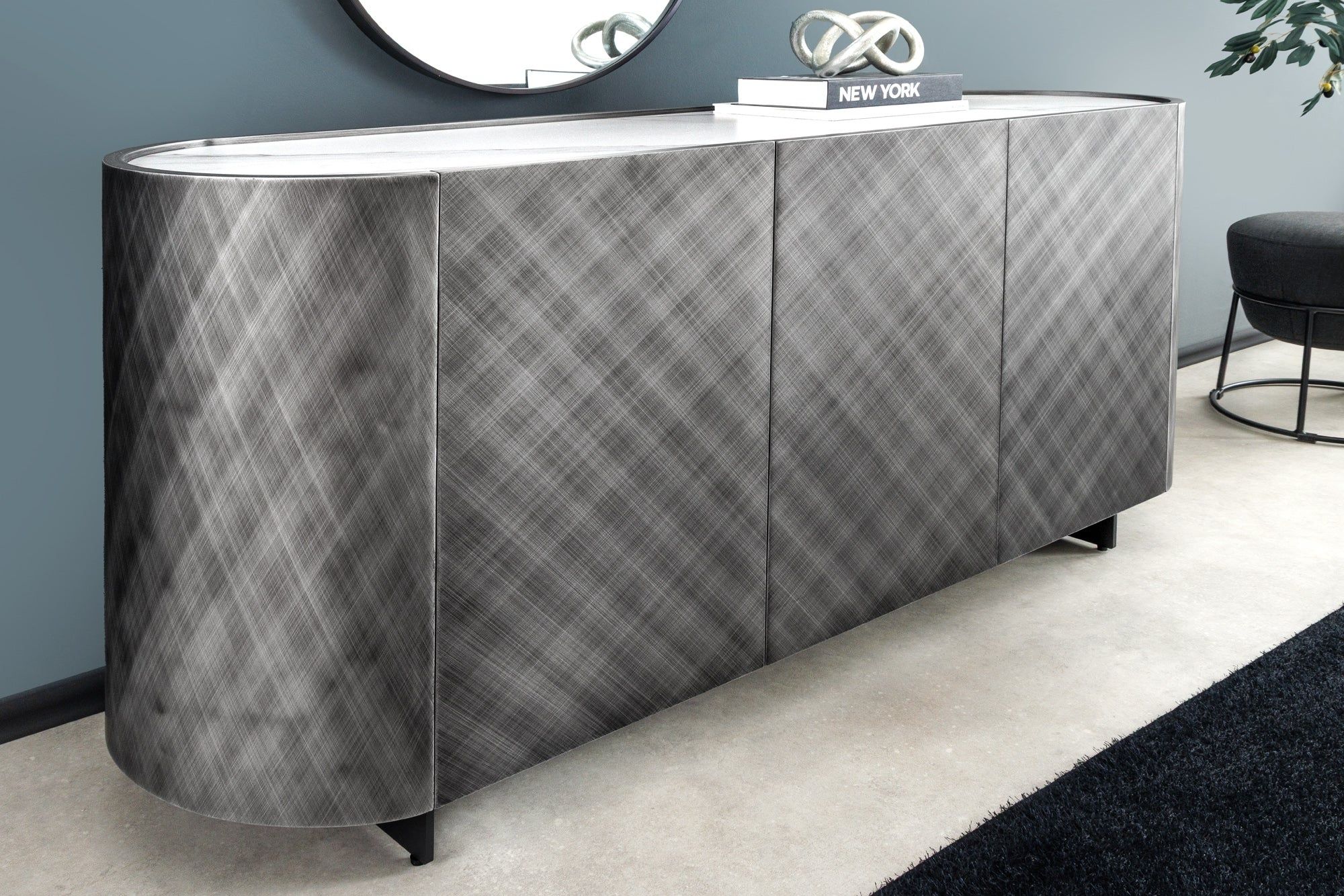 Design Dressoir REFLECTION – 150 cm, wit‑keramisch marmer, antraciet 3D‑effect