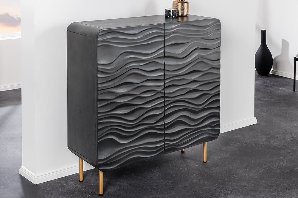 Design Dressoir WAVE 120 cm – Zwart Mat & Gouden Accenten – Massief Mango Hout van Invicta Interior