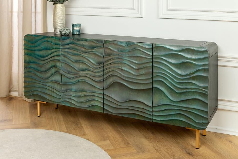 Design Dressoir WAVE 160 cm – Turquoise mangohout met mat gouden metalen poten | Invicta Interior