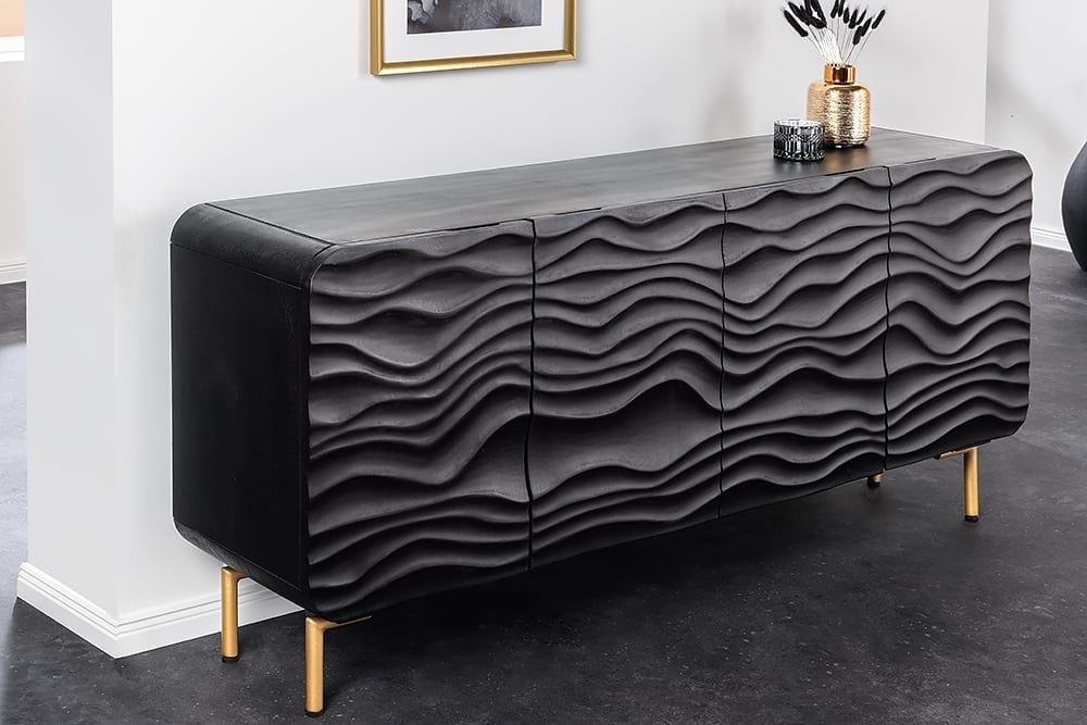 Design Dressoir WAVE 160 cm – Zwart mat, gouden accenten en massief mango hout