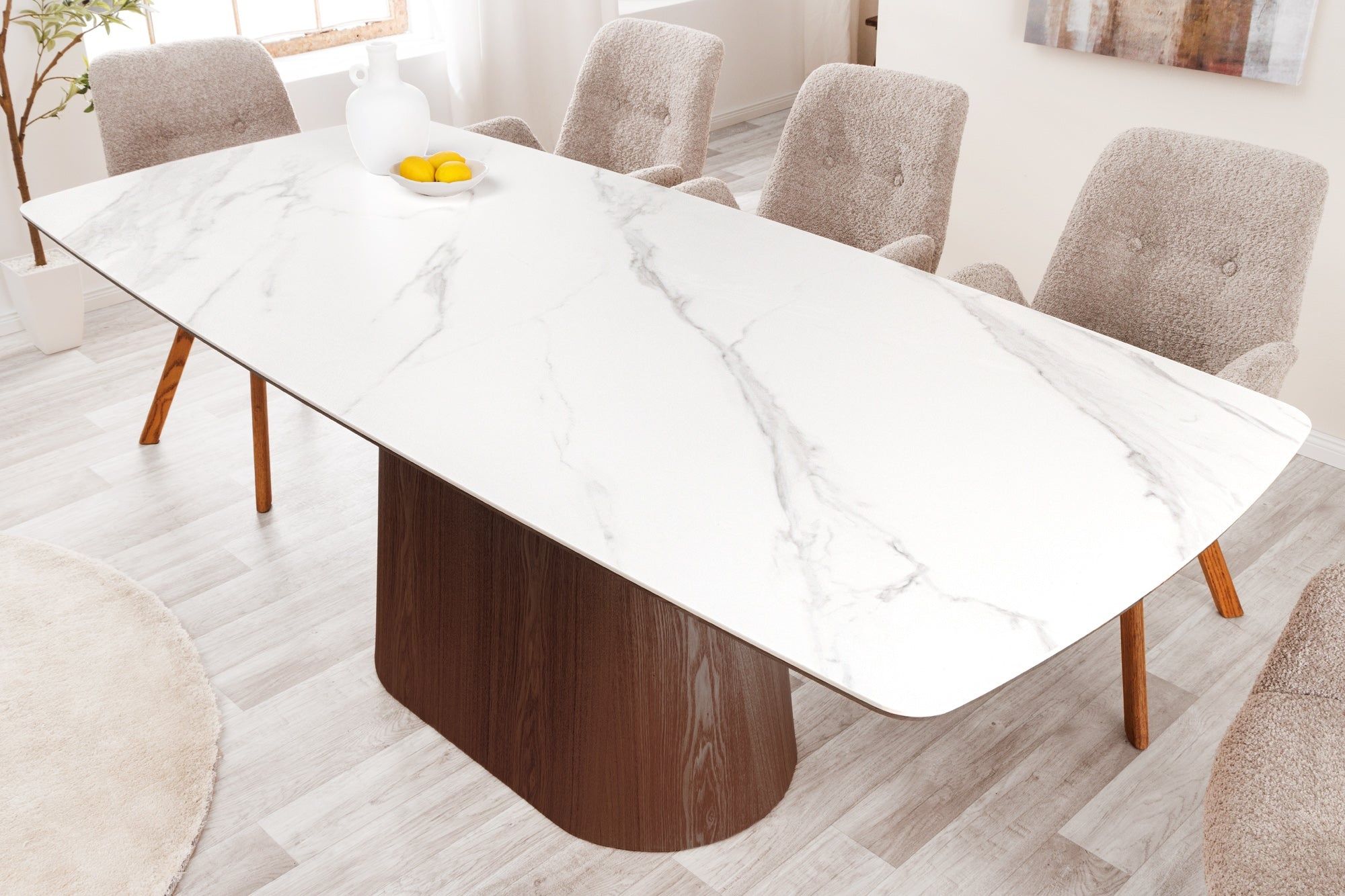Design eettafel 200 cm – wit & walnoot met marmerkolom – Invicta Interior