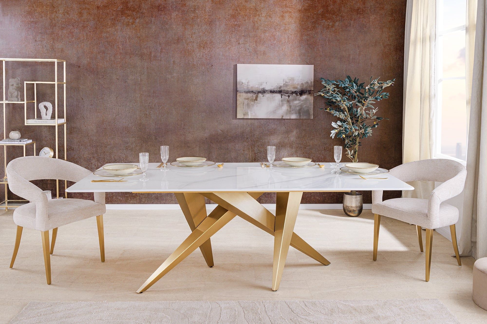Design eettafel ART LIVING 200 cm – Wit marmerblad met geborsteld goud