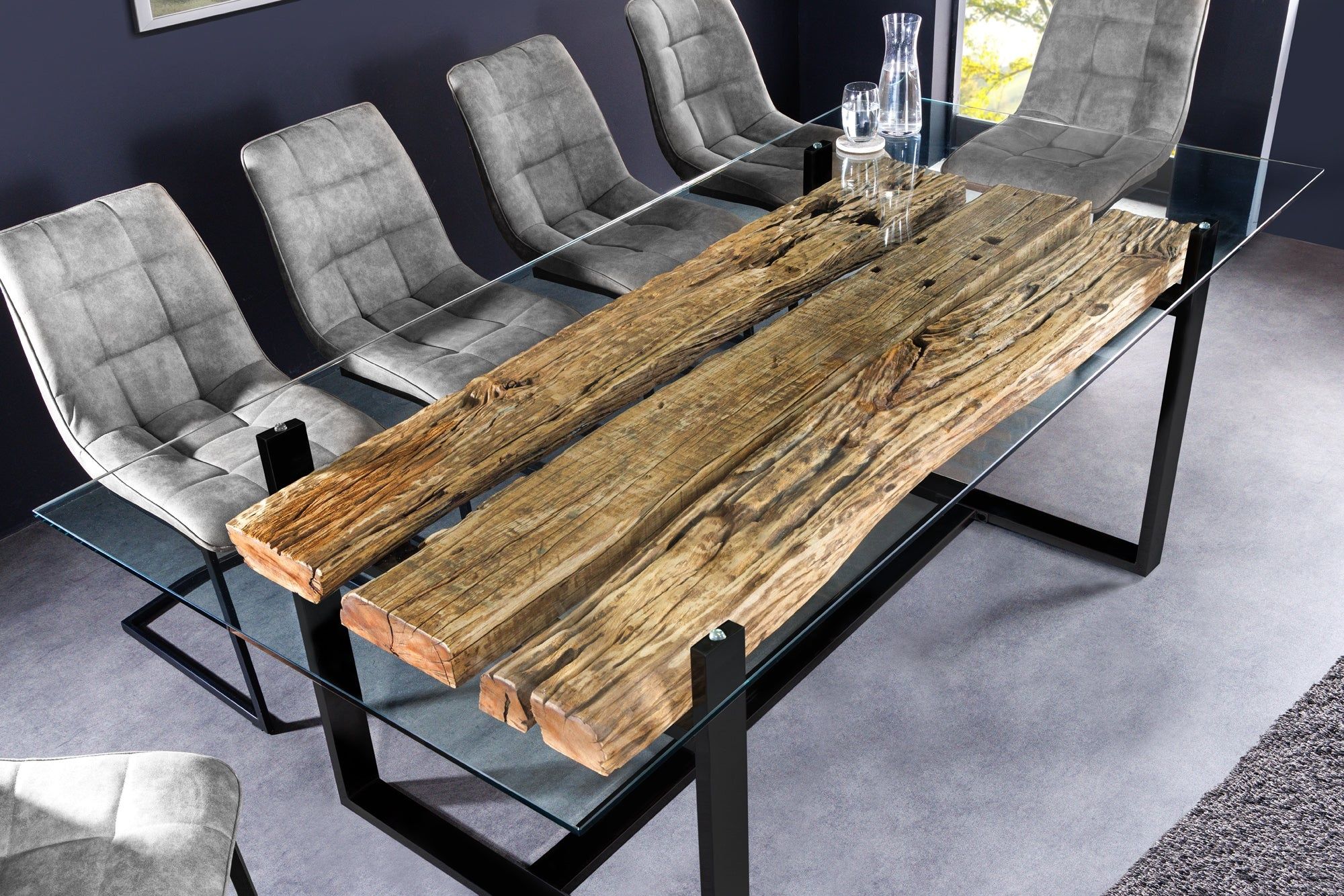 Design eettafel BARRACUDA – 220 cm glazen blad met massief teakhouten onderstel