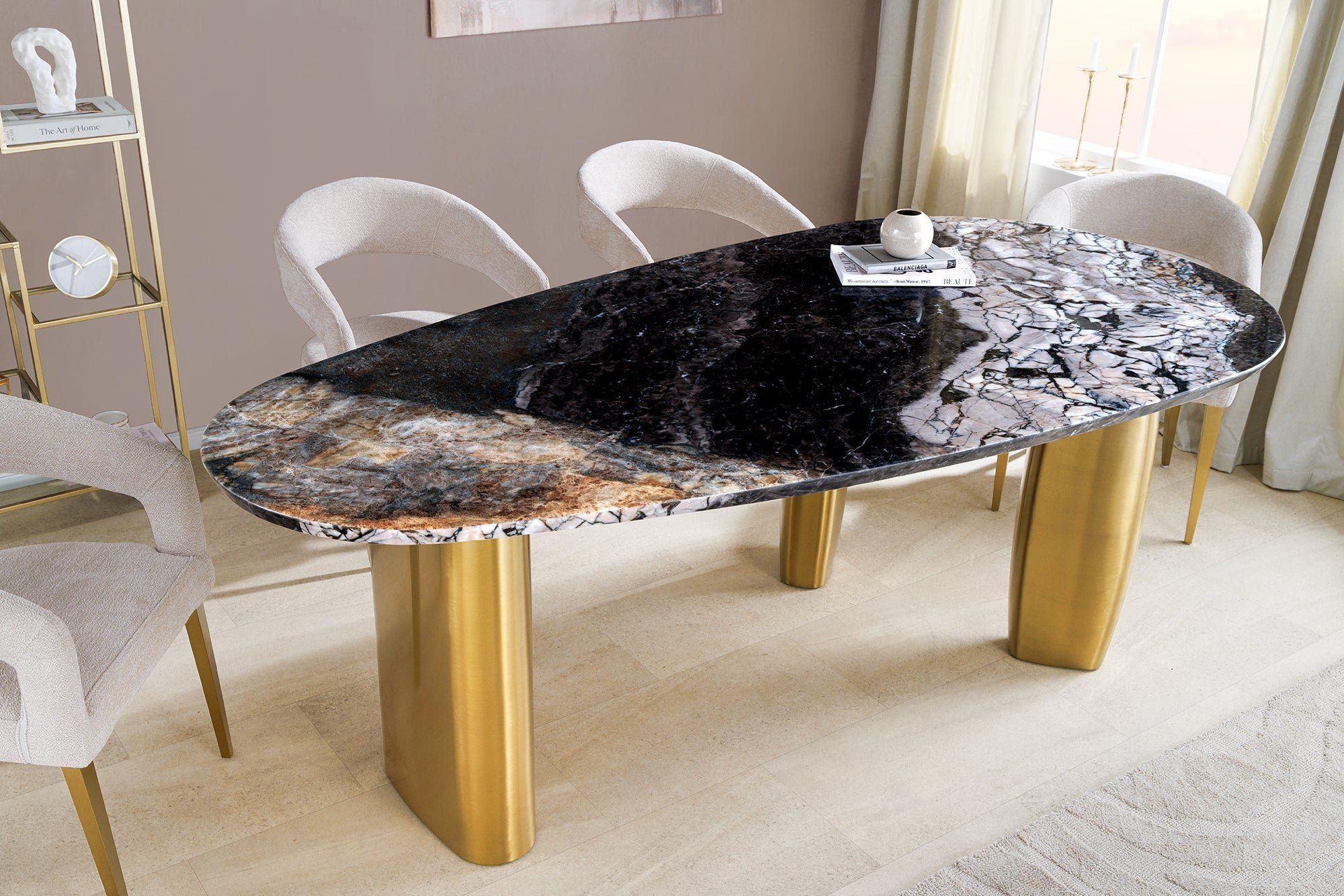 Design eettafel BIO 200 cm – modern marmer met gouden accenten