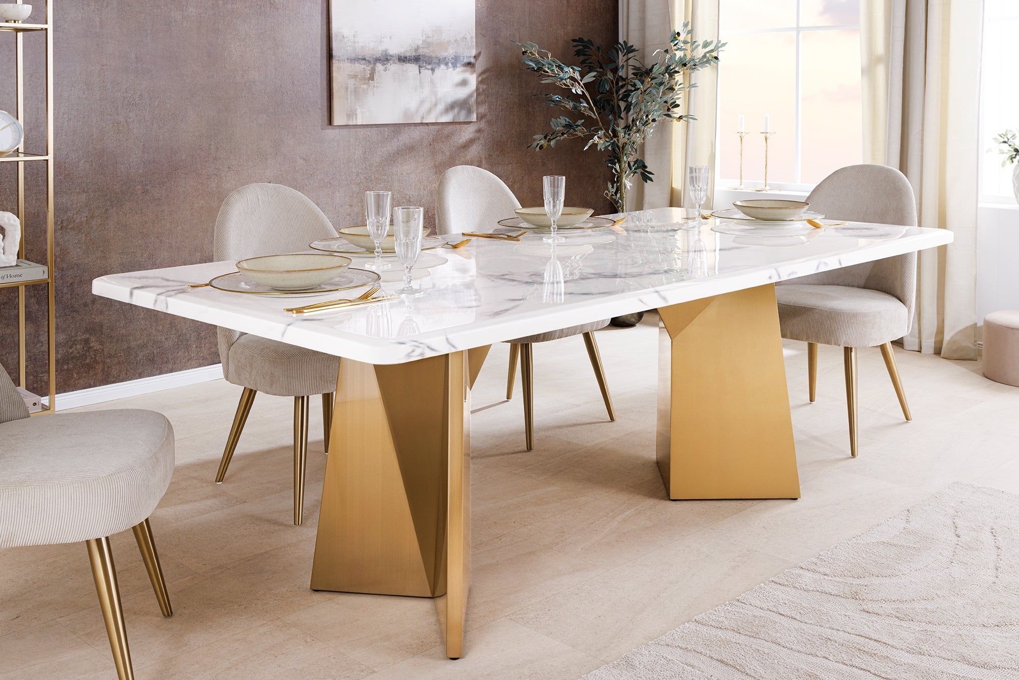 Design eettafel EXTRAVAGANCIA – 200 cm wit marmer met geborsteld champagne‑goud frame