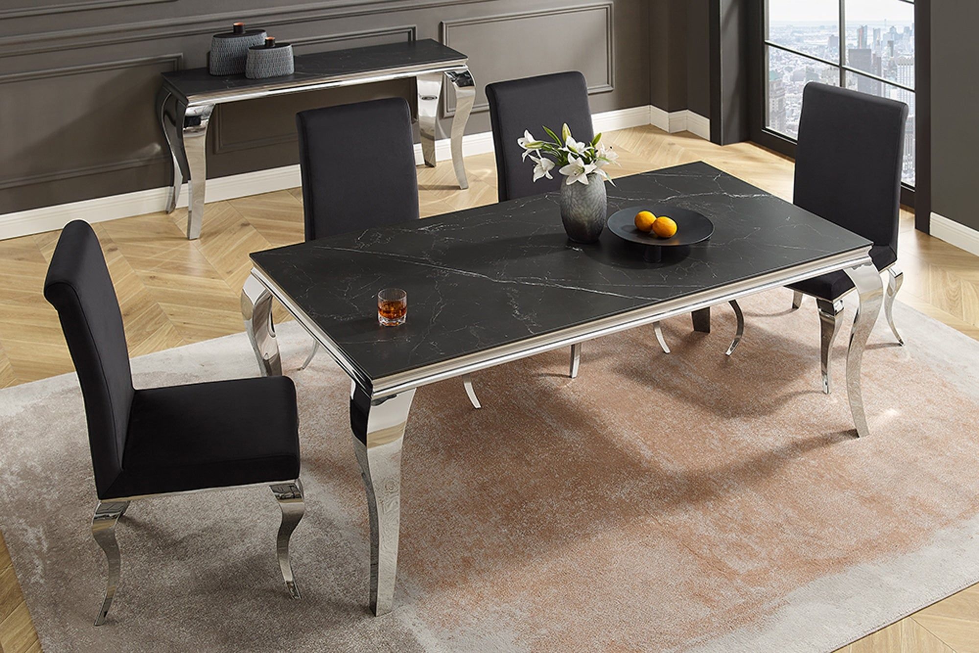 Design eettafel Modern Barok 180 cm – Antraciet, chroom & keramisch marmer