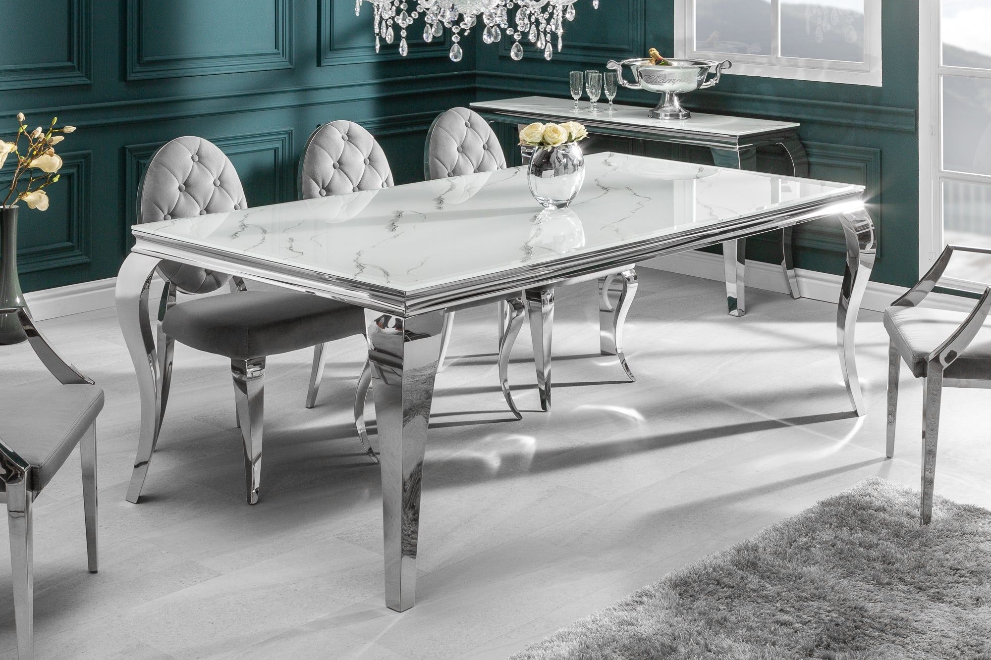 Design eettafel Modern Barok 180 cm – Wit chroom, glazen blad & marmerlook