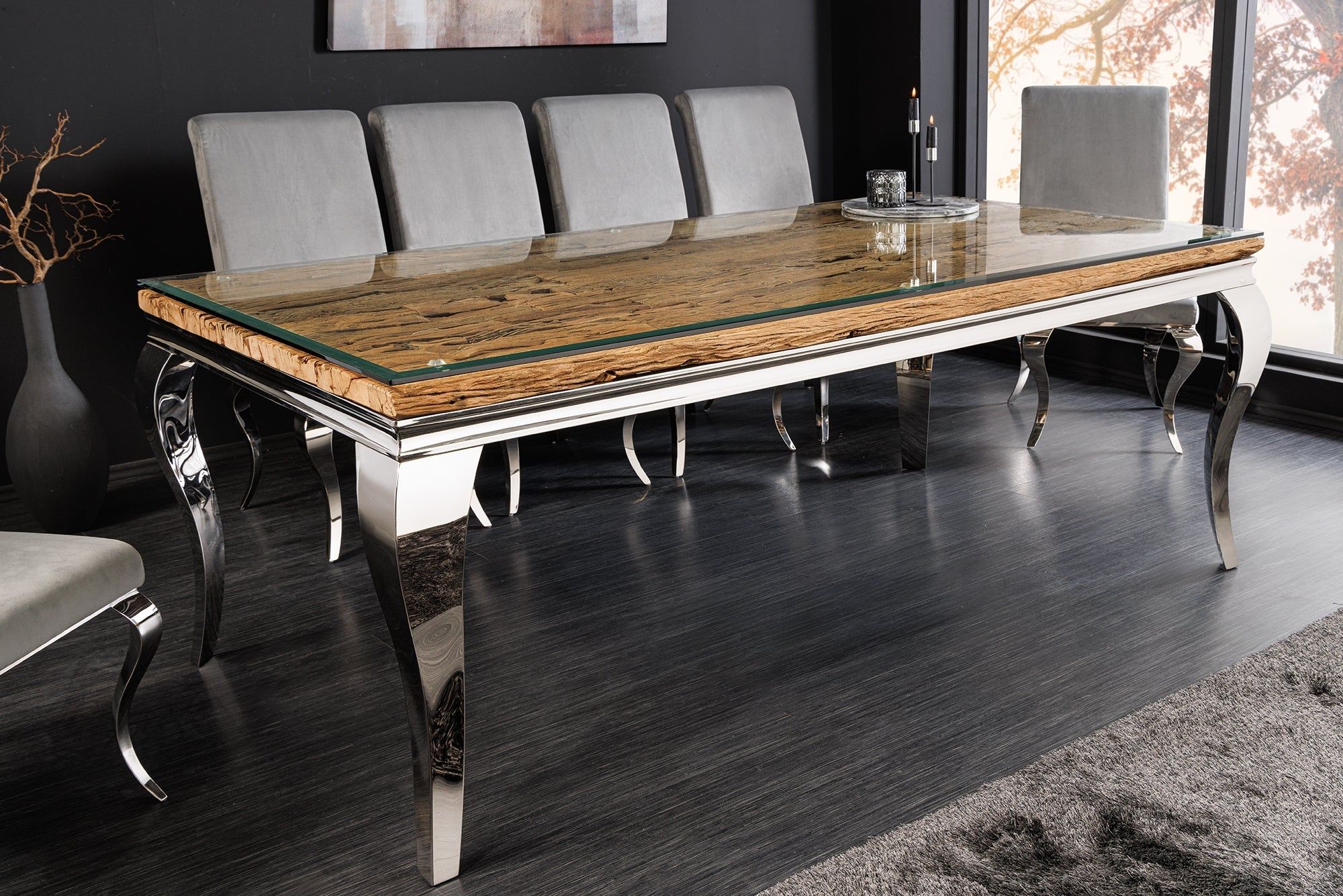Design eettafel Modern Barok 200 cm – Naturlijk chroom‑ en teakframe met exclusieve glazen plaat