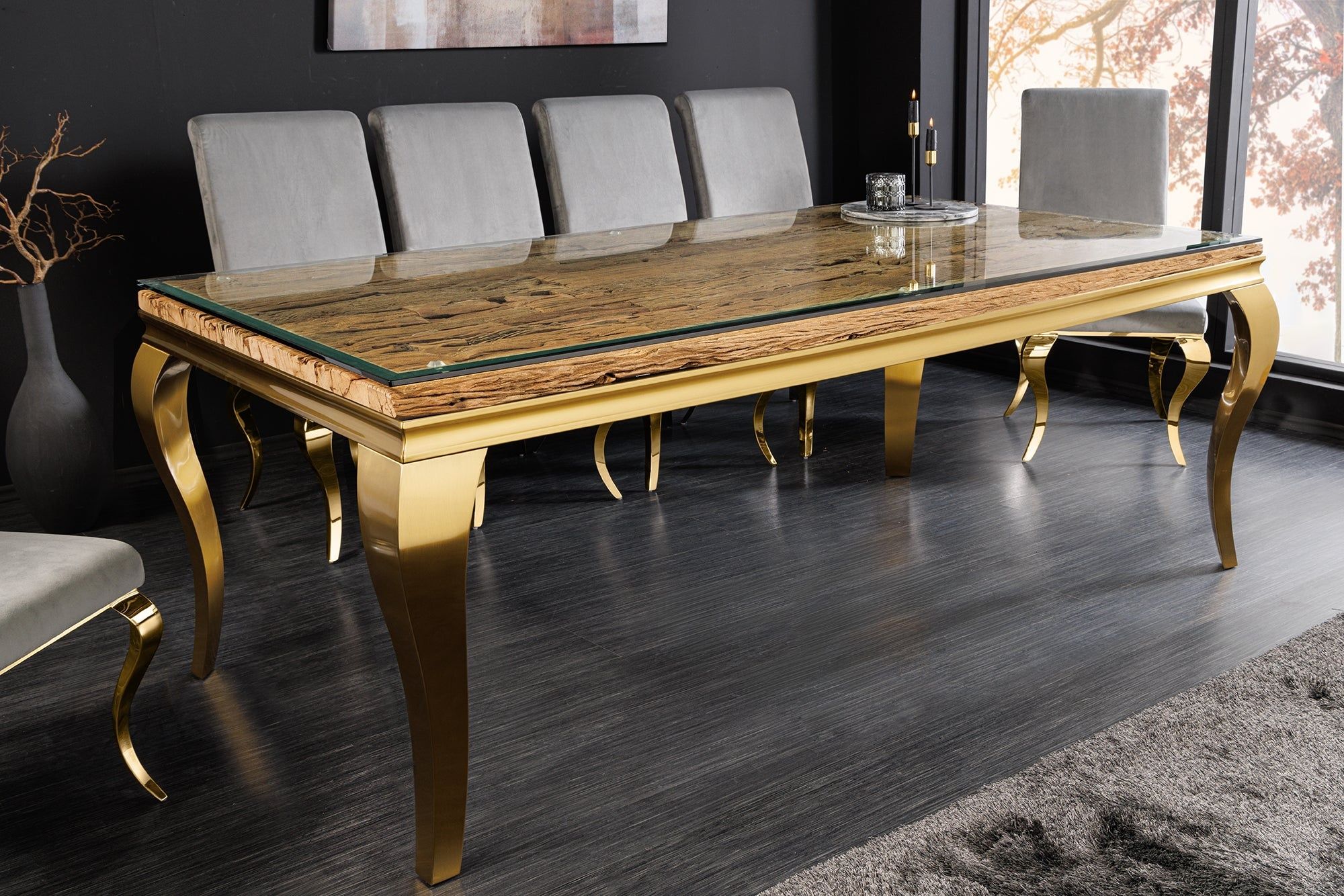 Design eettafel Modern Barok 200 cm – Naturlijke goudkleurige teakhout met glazen blad