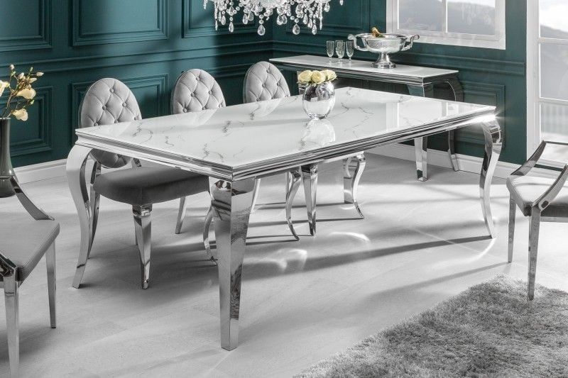 Design eettafel Modern Baroque 200 cm – wit chroom, glasblad & marmer – Invicta Interior
