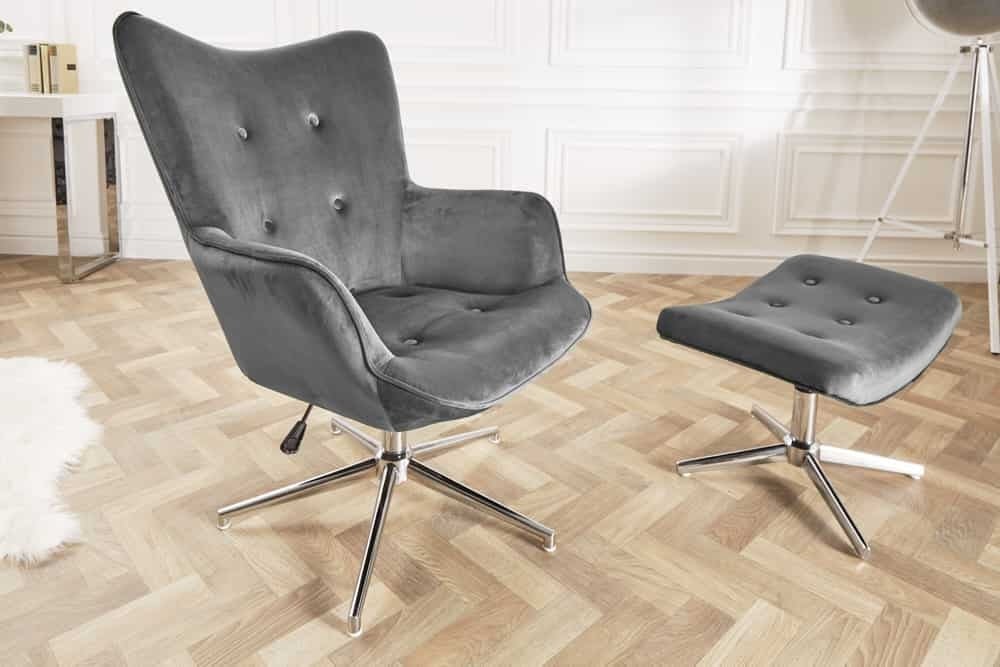 Design fauteuil MR. LOUNGER – verstelbare, draaibare loungestoel in grijs fluweel met chroomaccent
