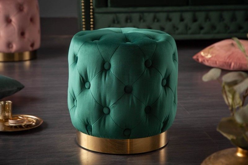 Design Kruk Modern Barok 40 cm – Donkergroen Goud Fluweel Chesterfield
