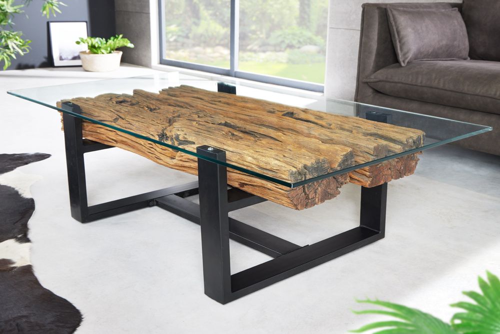 Design salontafel Barracuda – industriële elegantie in gerecycled teak en zwart glas