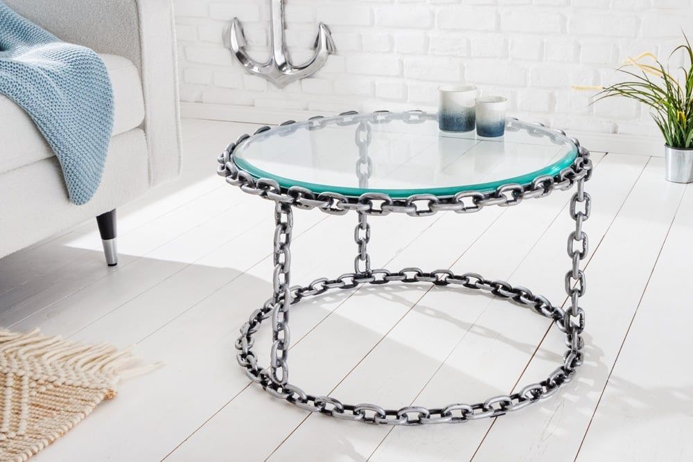 Design salontafel CHAINS – Zilverkleurige, ronde tafel met glazen blad & kettingframe van Invicta Interior