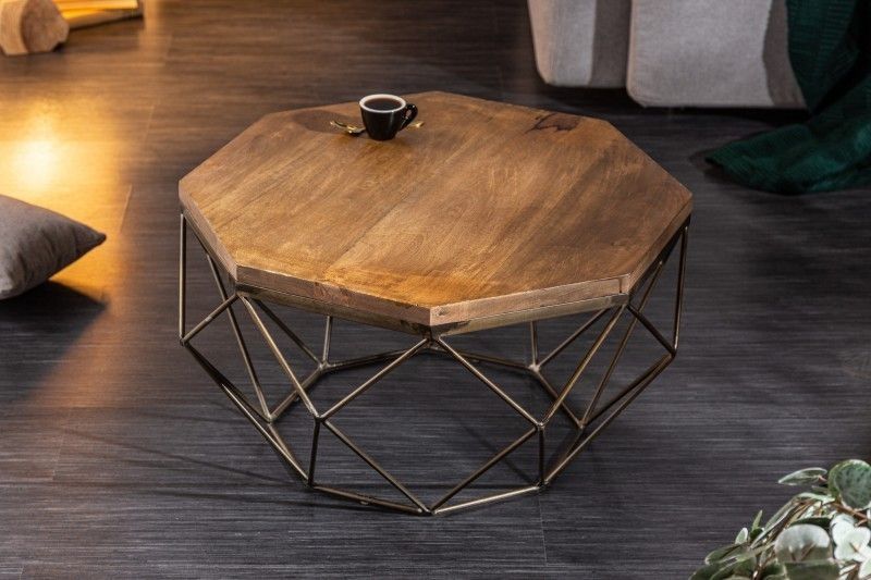 Design salontafel DIAMOND 70 cm – massief mangohout, messing en ijzeren frame