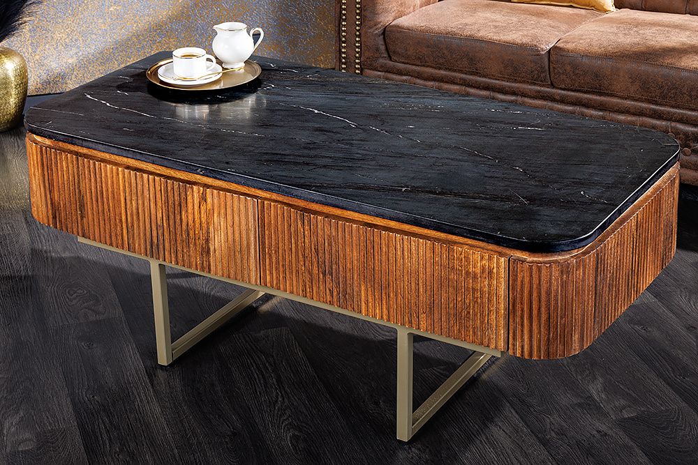 Design Salontafel GATSBY – Massief mangohout, marmerblad en gouden lades