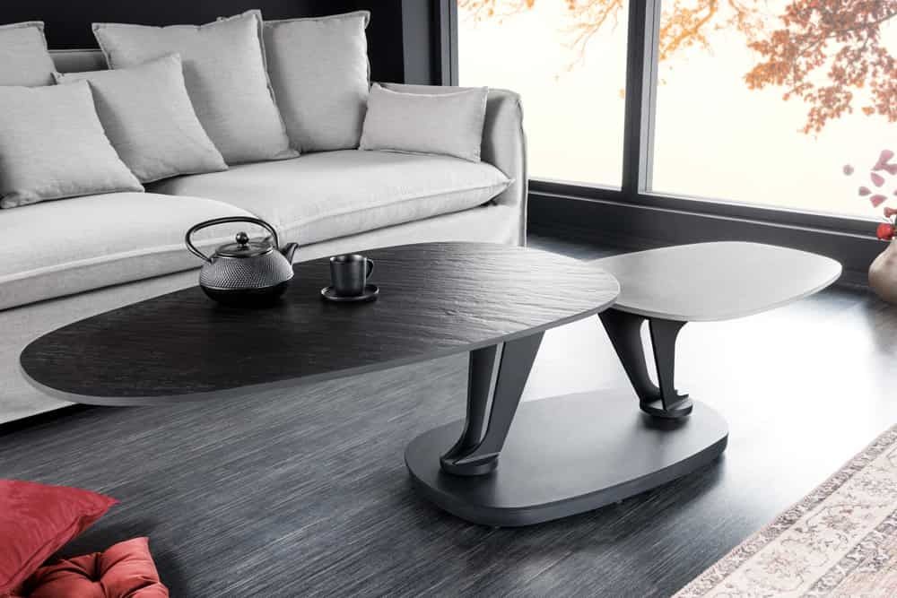 Design salontafel MOVEMENT – Ronde, draaibare tafel in zwart‑grijs met keramisch plateau en metalen frame
