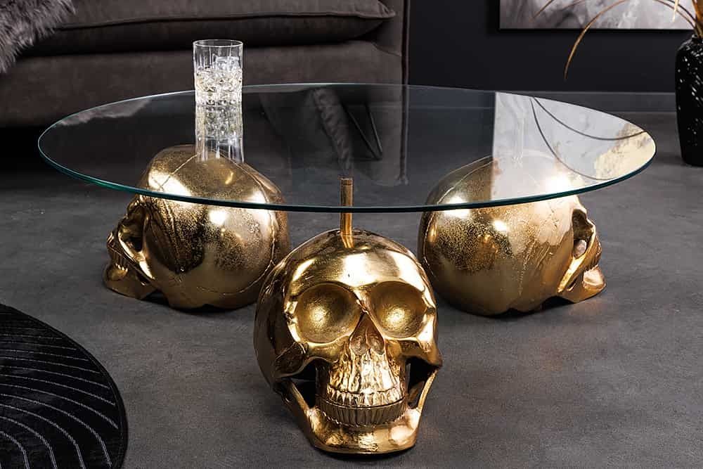 Design salontafel Skull XXL – Gouden metalen sculptuur met glazen blad van 90 cm