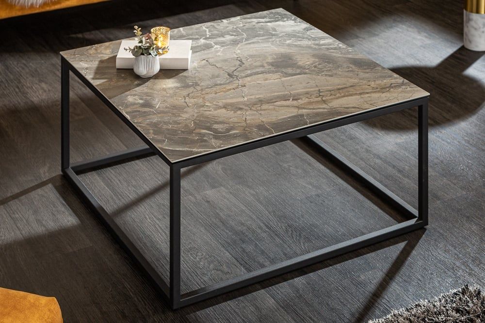 Design salontafel SYMBIOSE 75 cm – Marmer‑taupe & keramiek, gemaakt in Italië