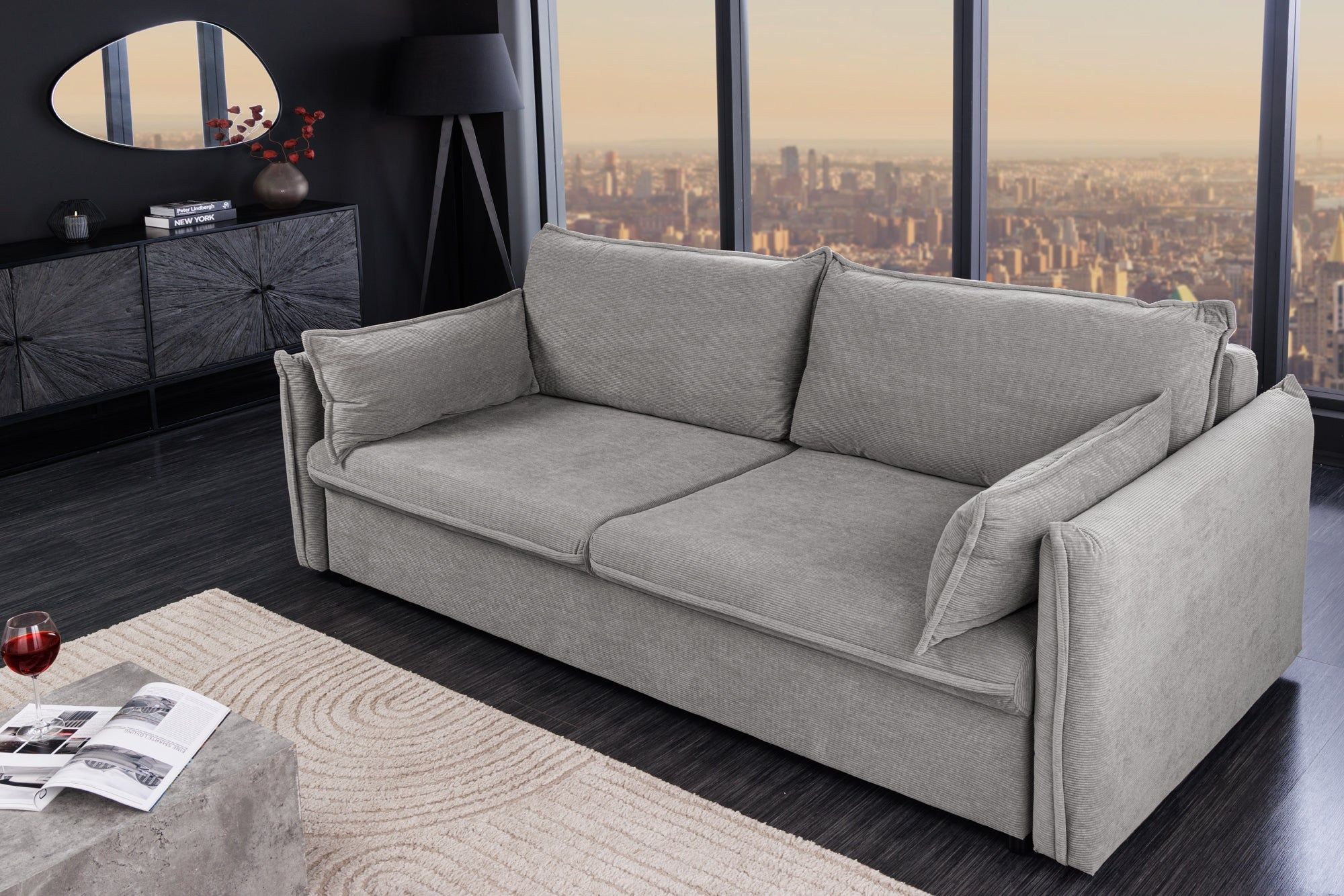 Design slaapbank APARTMENT 215 cm – Grijs Corduroy, 3‑zit, stijlvol en functioneel