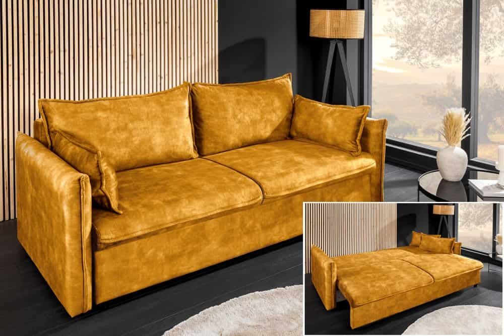 Design slaapbank APARTMENT 215 cm – mosterdgeel fluweel met slimme opbergruimte