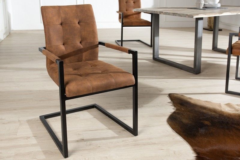 Design sledestoel OXFORD – Vintage bruine eetkamerstoel met armleuning en ijzeren frame | Invicta Interior