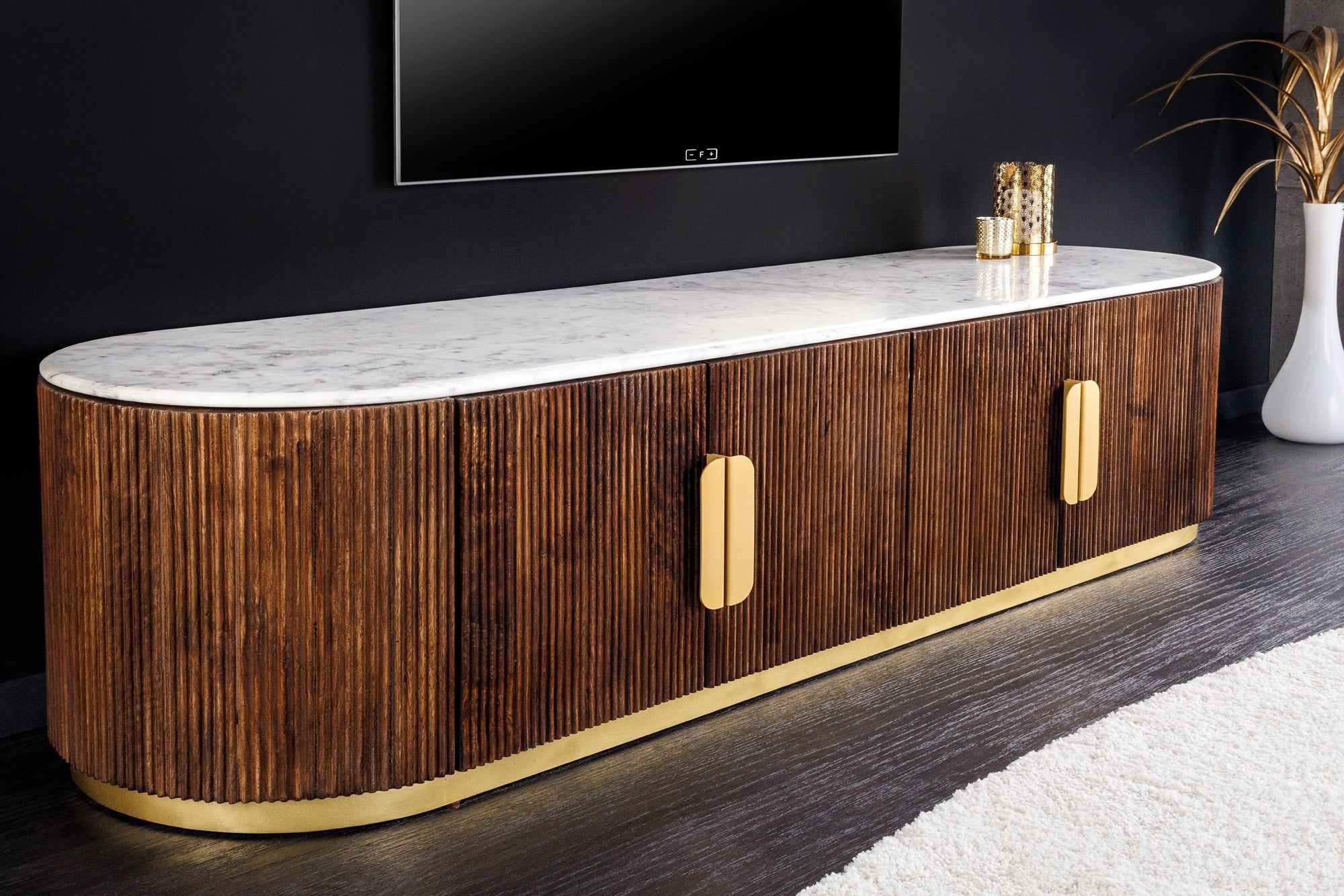 Design TV‑bord GATSBY – Luxe lowboard van 170 cm in bruin‑goud mangohout en wit marmer