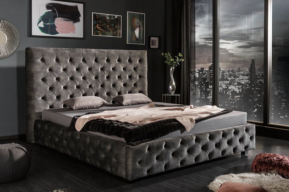 Design Tweepersoonsbed Paris 180×200 cm – Luxe Grijs Fluwelen Chesterfield van Invicta Interior