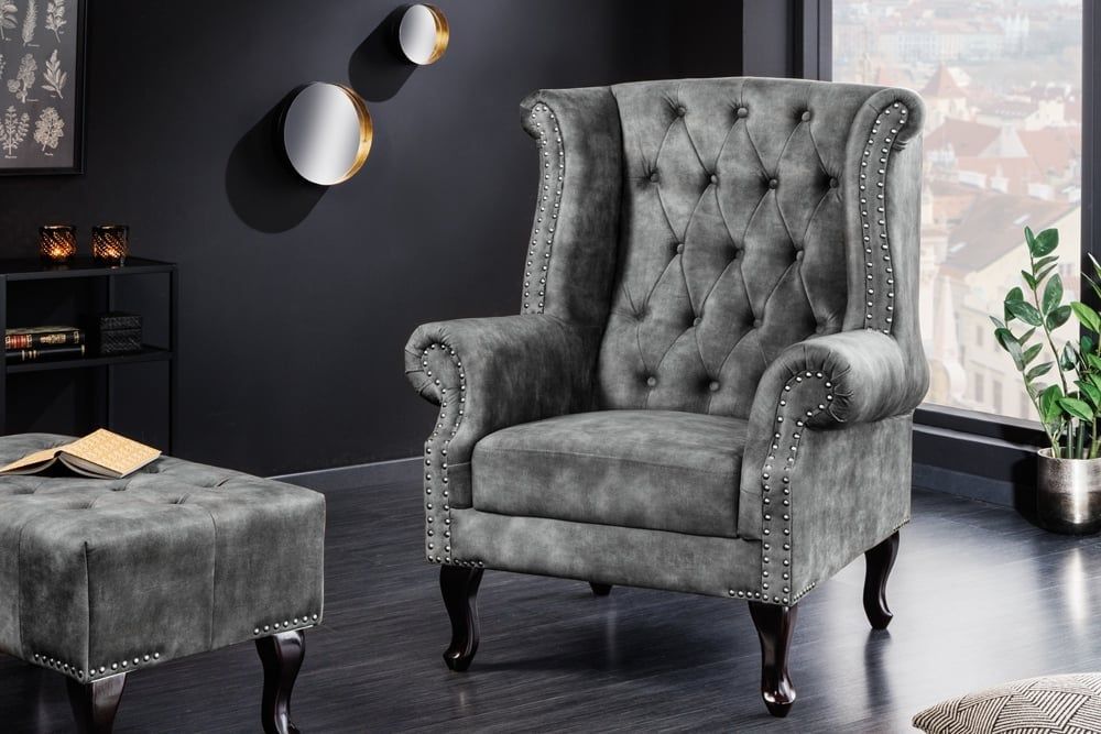 Design Vleugelfauteuil Chesterfield 105 cm – Luxe Grijs Fluweel van Invicta Interior