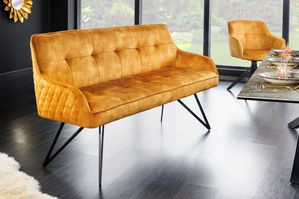 Designbank EUPHORIA 160 cm – Mosterdgeel fluweel, retrostijl met metalen haarspeldpoten