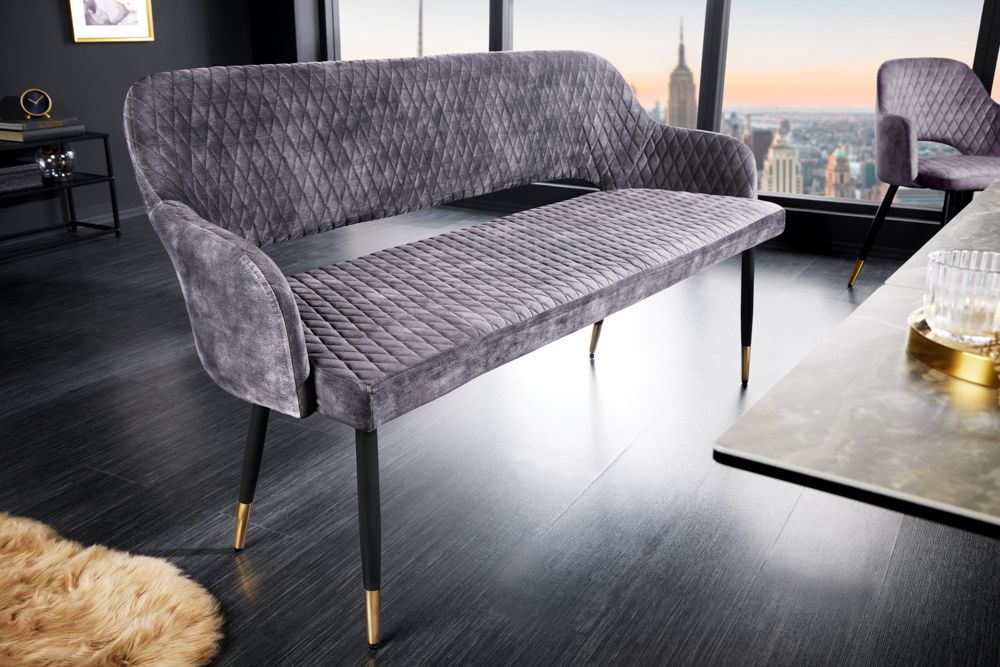 Designbank PARIS 160 cm – Fluwelen grijs met gouden voetdoppen
