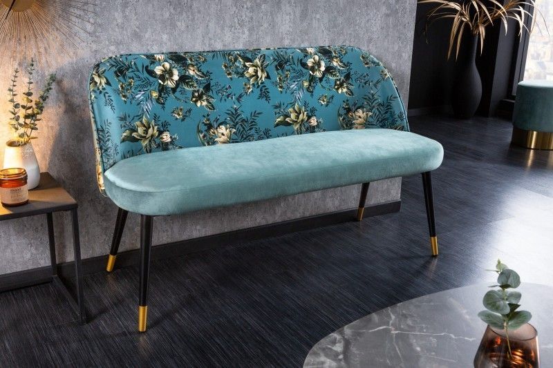Designbank Pret‑A‑Porter in turkoois fluweel met bloemmotief en gouden voetdoppen