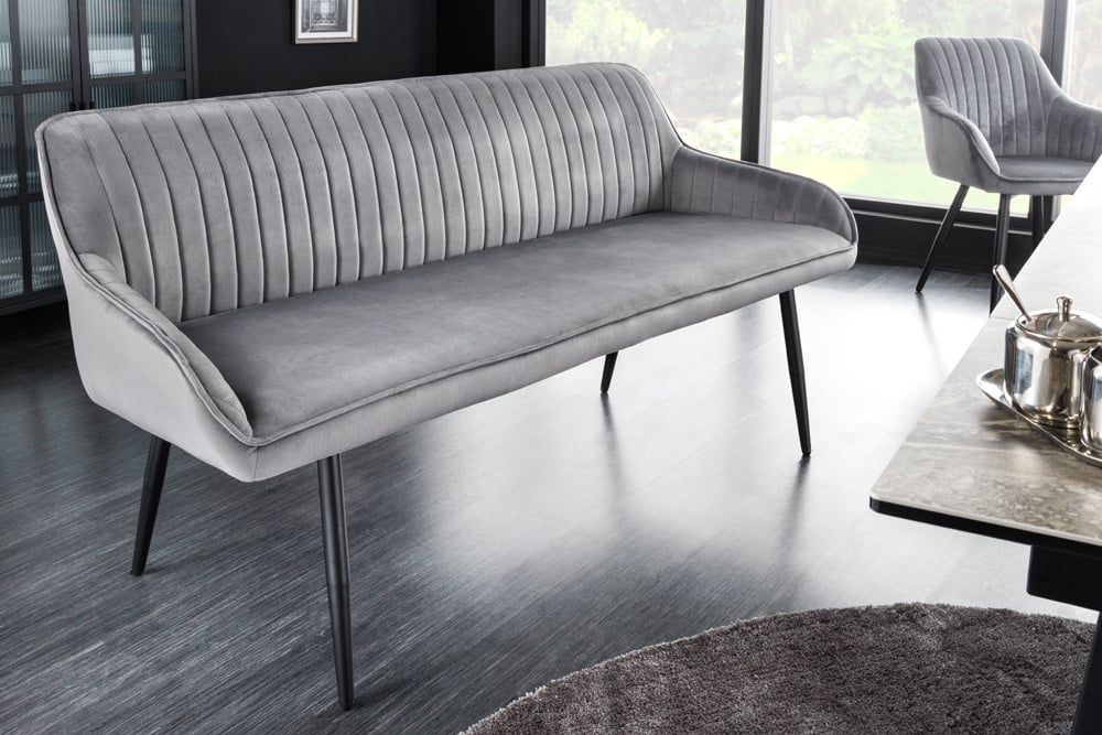 Designbank TURIN 160 cm – Zilvergrijs fluweel met zwarte metalen armleuningen