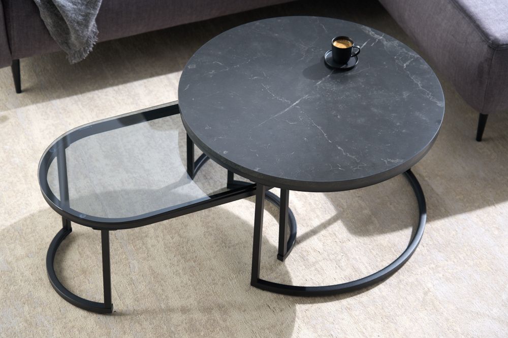Designsalontafel Set van 2 – Elegance 70 cm Zwart‑Grijs Marmer & Metalen Frame