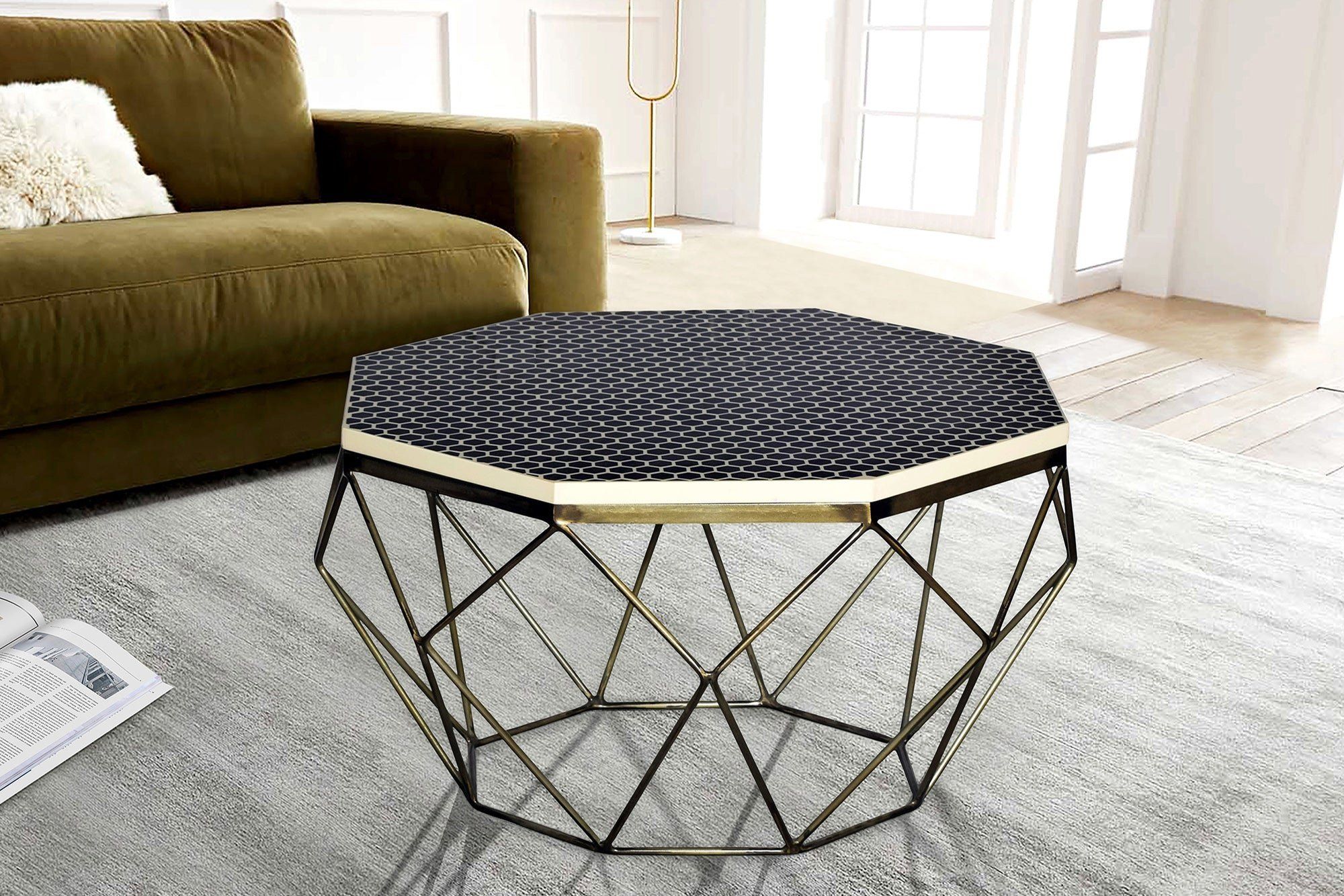 Diamond Salontafel 70 cm – Elegante Arts‑&‑Crafts Look in Zwart‑Wit met Messing Inlegwerk