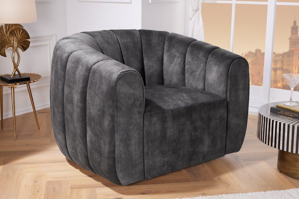 Draaibare design fauteuil Babylon – luxe fluwelen loungestoel in donkergrijs