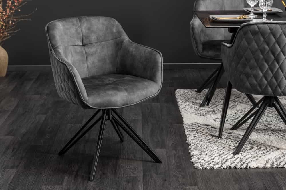 Draaibare designstoel EUPHORIA – Donkergrijs fluweel met zwarte metalen armleuning