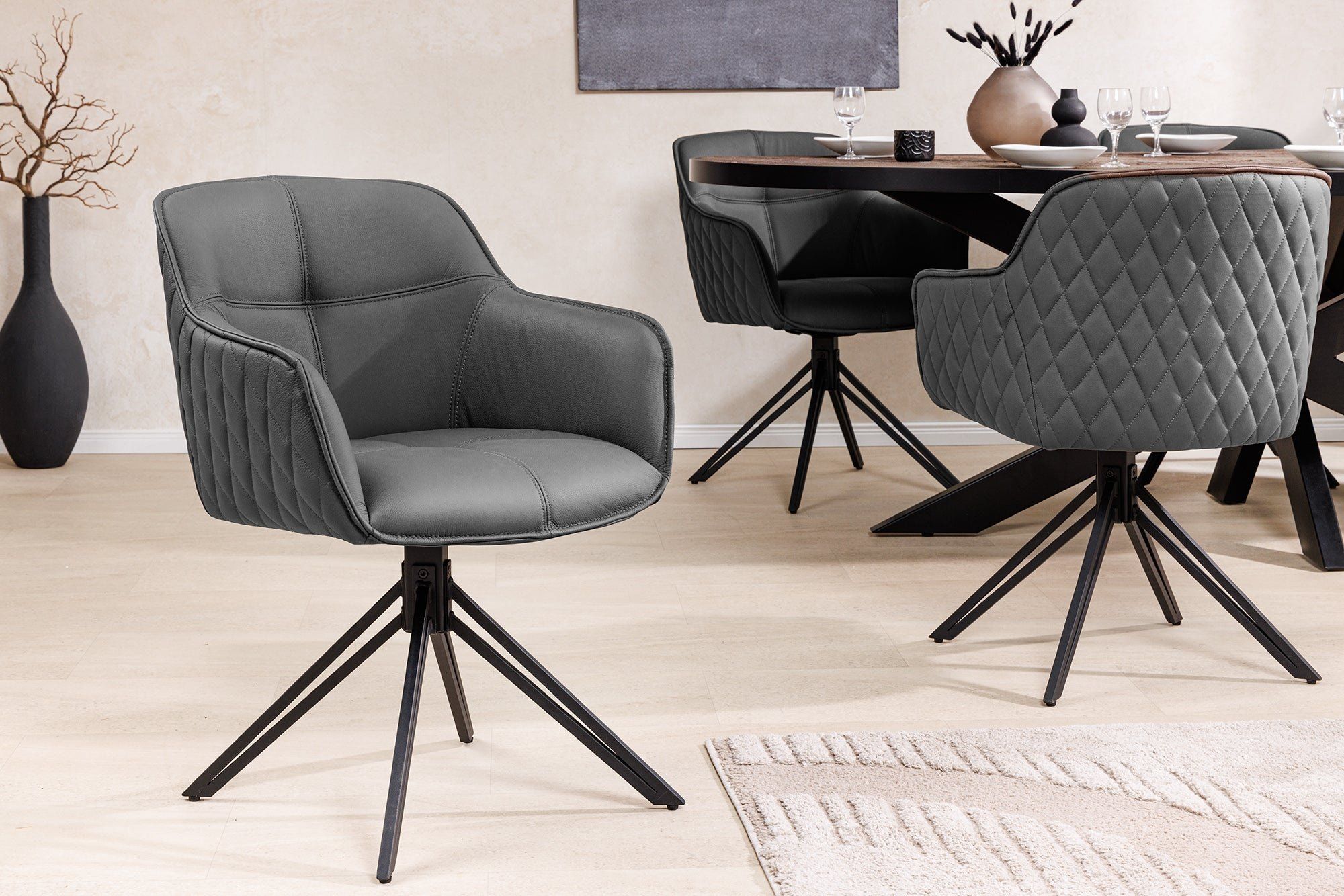 Draaibare designstoel EUPHORIA – Grijs echt leer & zwart metalen frame met armleuning