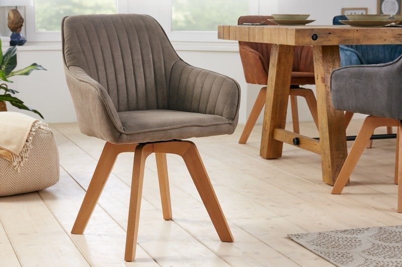 Draaibare designstoel LIVORNO – Vintage taupe met beukenhouten poten en armleuningen