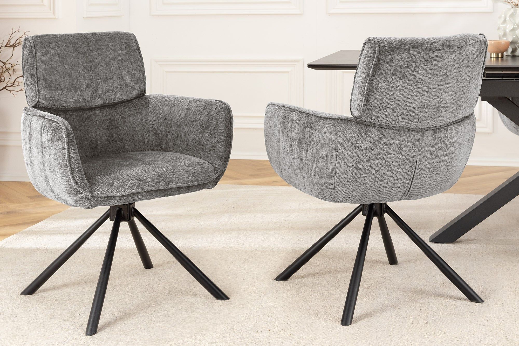 Draaibare Retro Eetkamerstoel UNIEK – Grijs Chenille met Zwart Metalen Frame