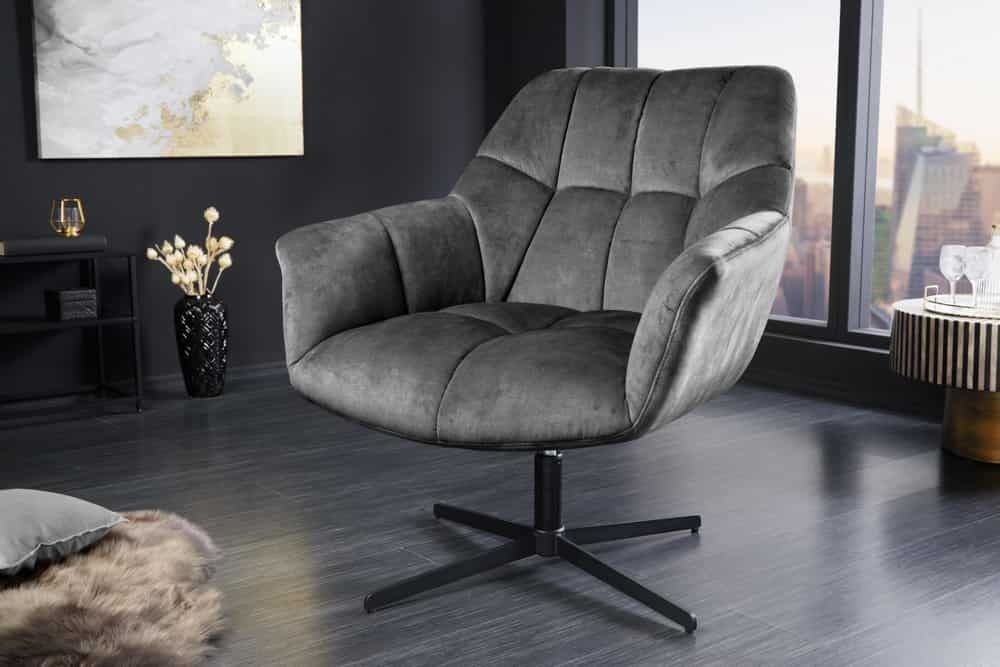 Draaifauteuil PAPILLON – Verstelbare grijze fluwelen fauteuil met zwart metalen frame en armleuning