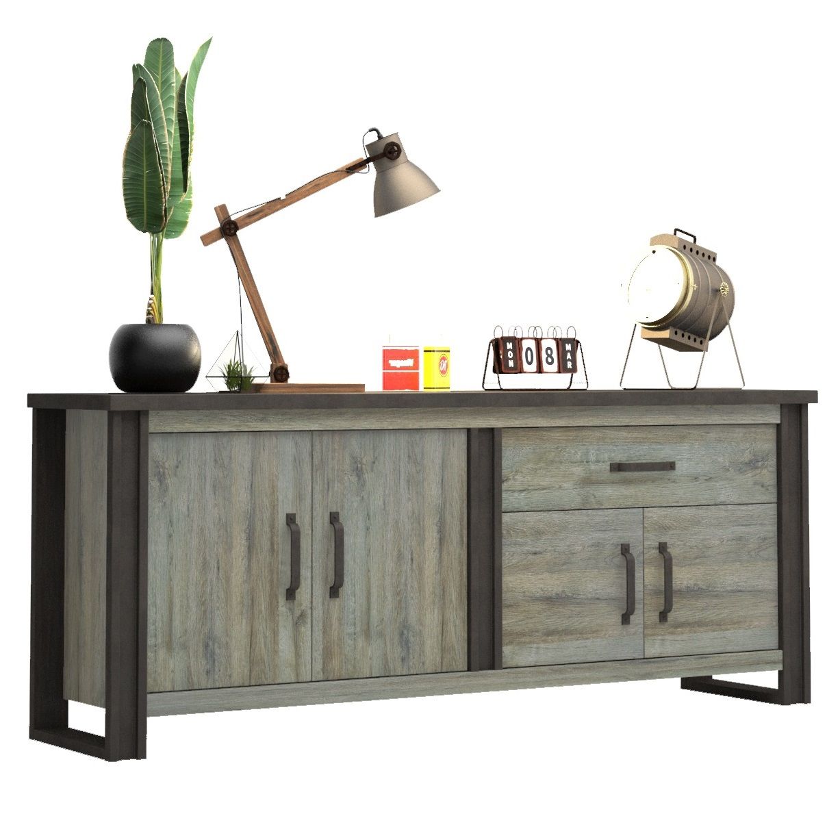 Dressoir Baxter 224 cm – robuust industrieel design in grijs eiken en antraciet