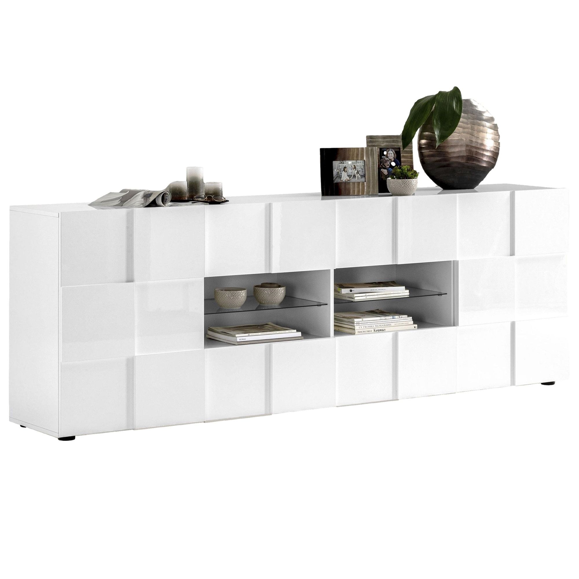 Dressoir Dama 241 cm – Hoogglans wit met slimme opbergruimte