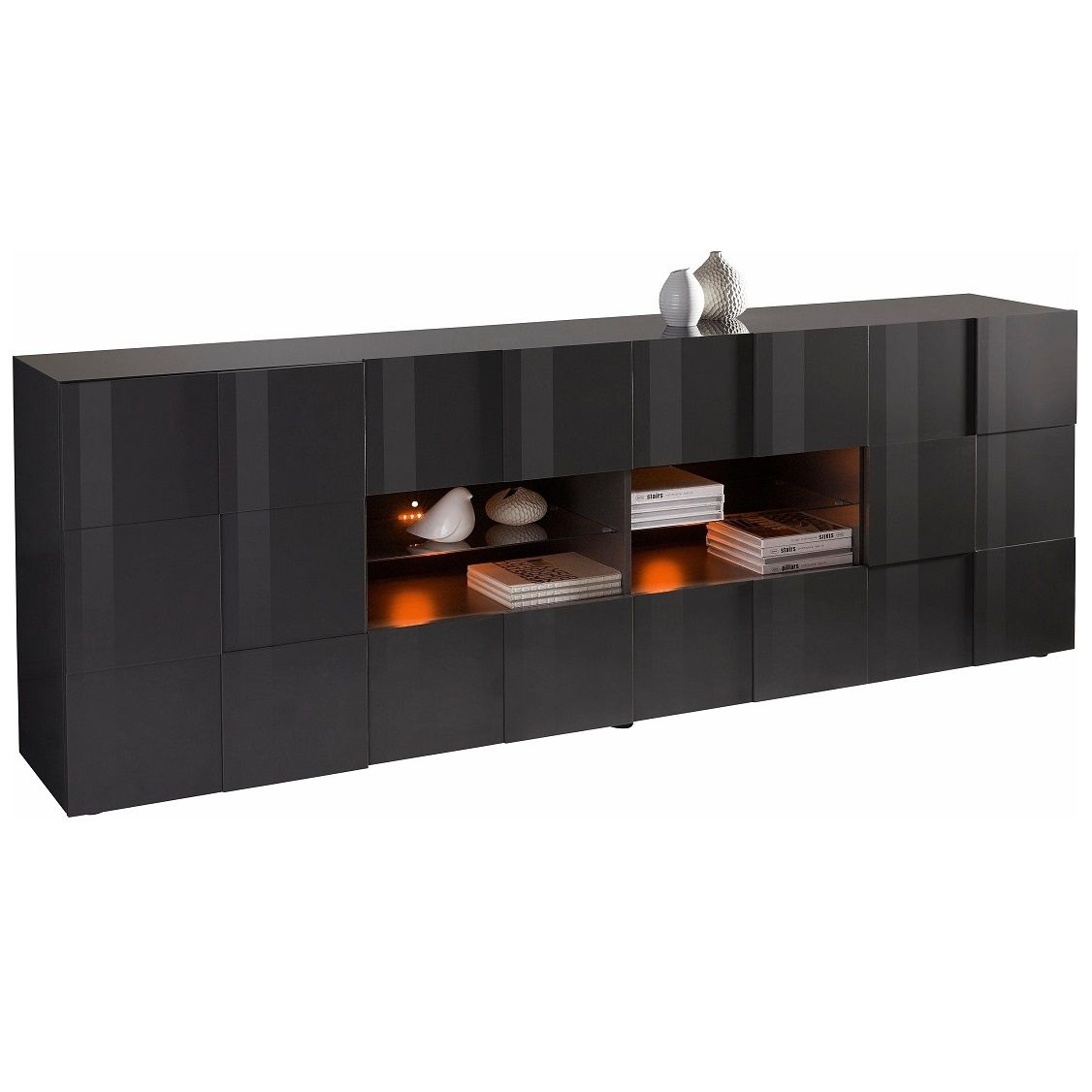 Dressoir Dama 241 cm – Strak hoogglans grijs opbergmeubel