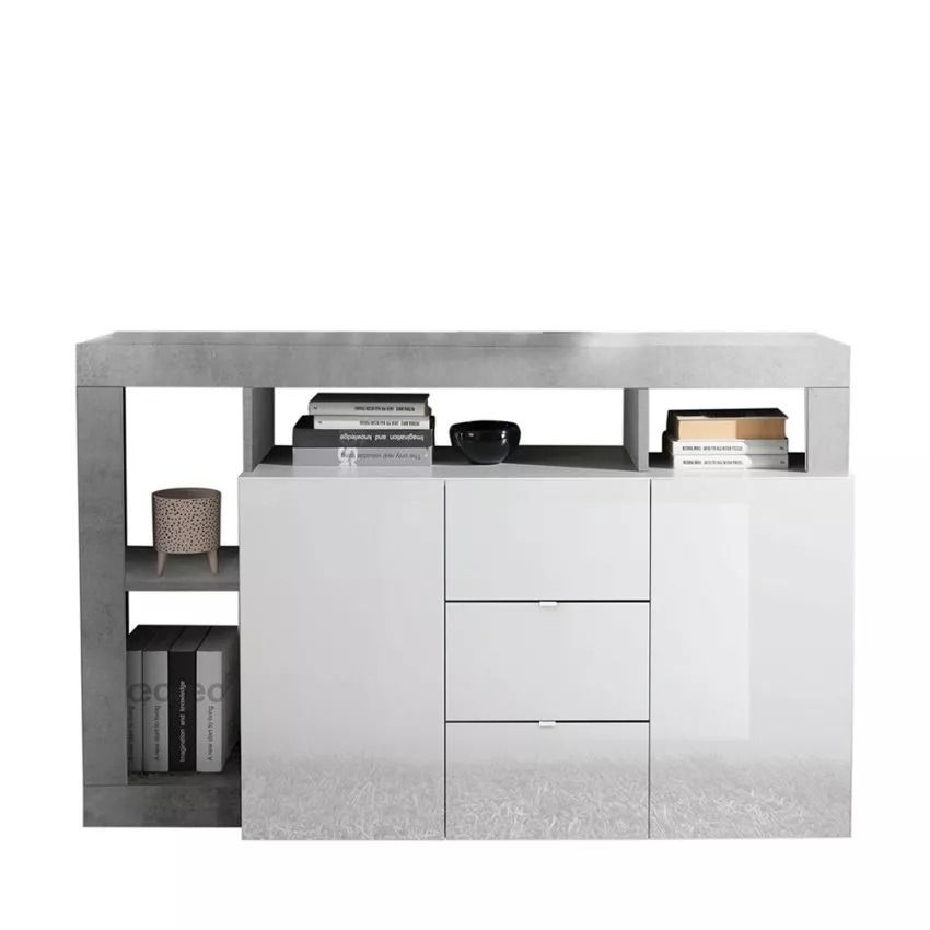 Dressoir Hamburg 146 cm – modern, hoogglans wit met betondecor