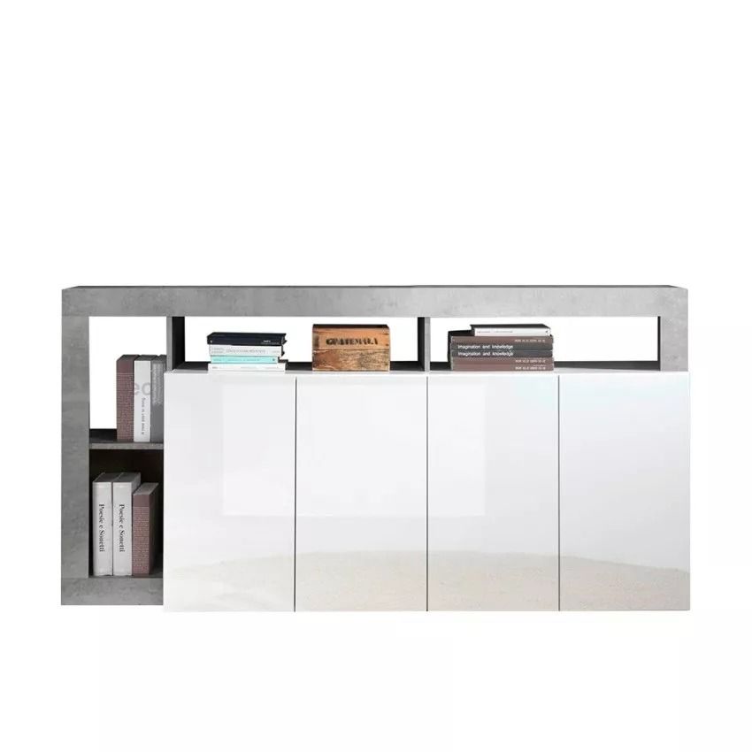Dressoir Hamburg 184 cm – Hoogglans wit met betonaccent – Modern opbergruimtes