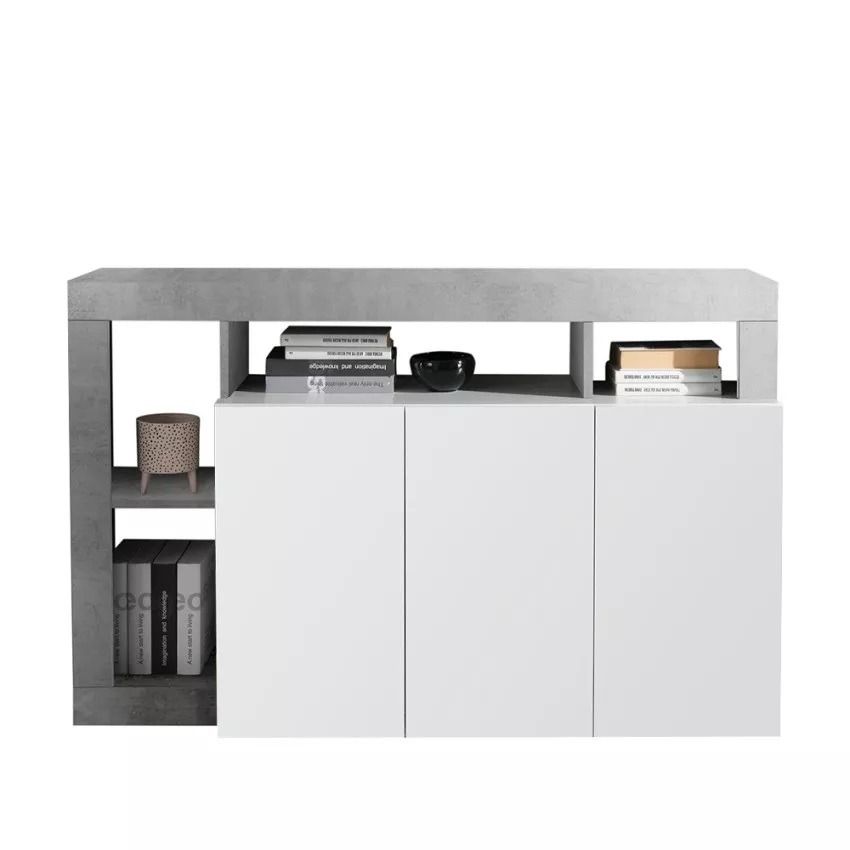 Dressoir Hamburg – Hoogglans wit met betonnen accenten, 146 cm