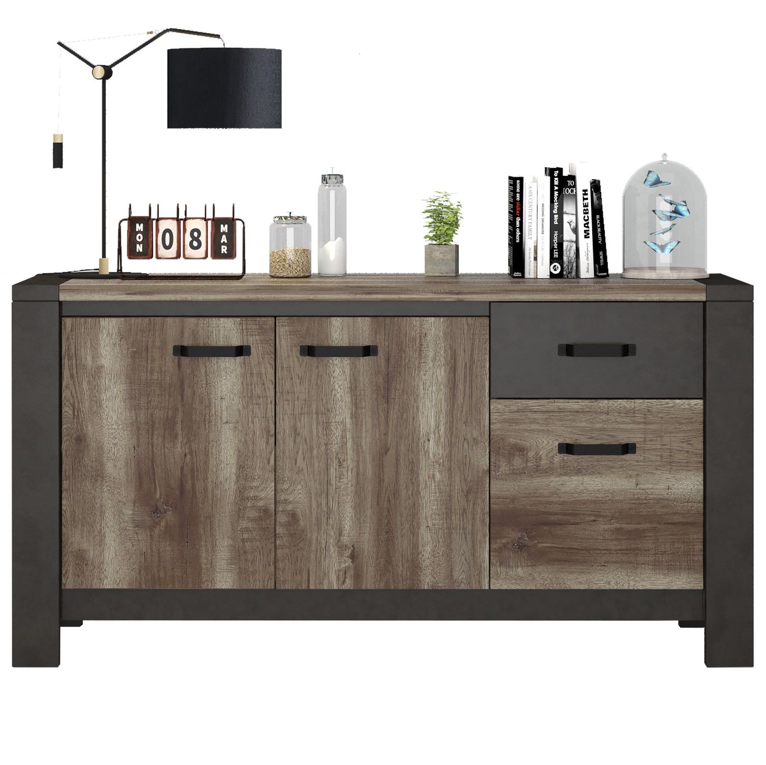 Dressoir Malt 204 cm – Robuuste Industrieel‑stijl in oud eiken & antraciet